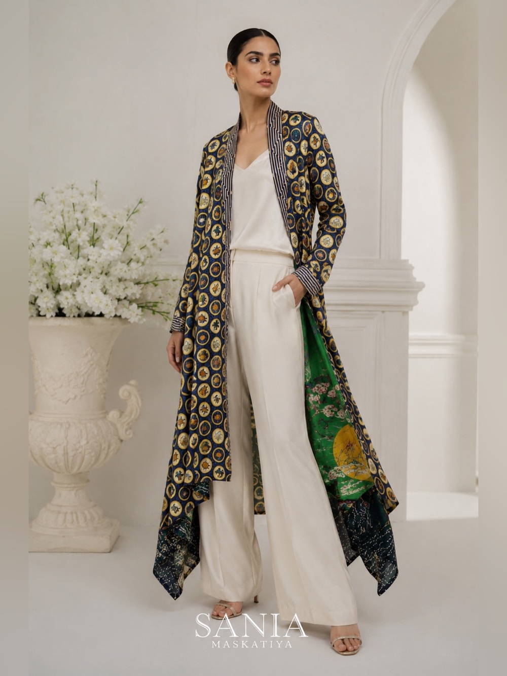Sania Maskatiya M Luxury Long Kimono Duster Jacket Mixed Print Charmeuse